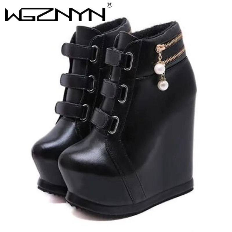 Luxury Wedges Shoes for Women Ankle Boots Mujer Thick Bottom Pearl Sexy High Slope Aurumn Winter Shoe Ladies Platform High Heels