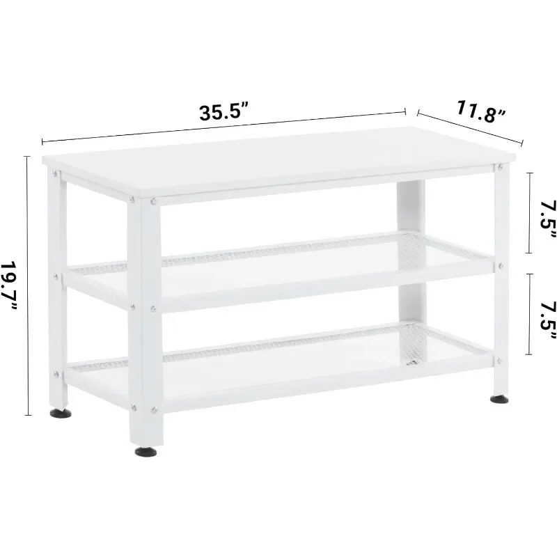 Shoe Rack 3-Tier Shoe Bench 35.5” Storage Entryway Bench with Long Seat and Metal Shelves Foyer Bench