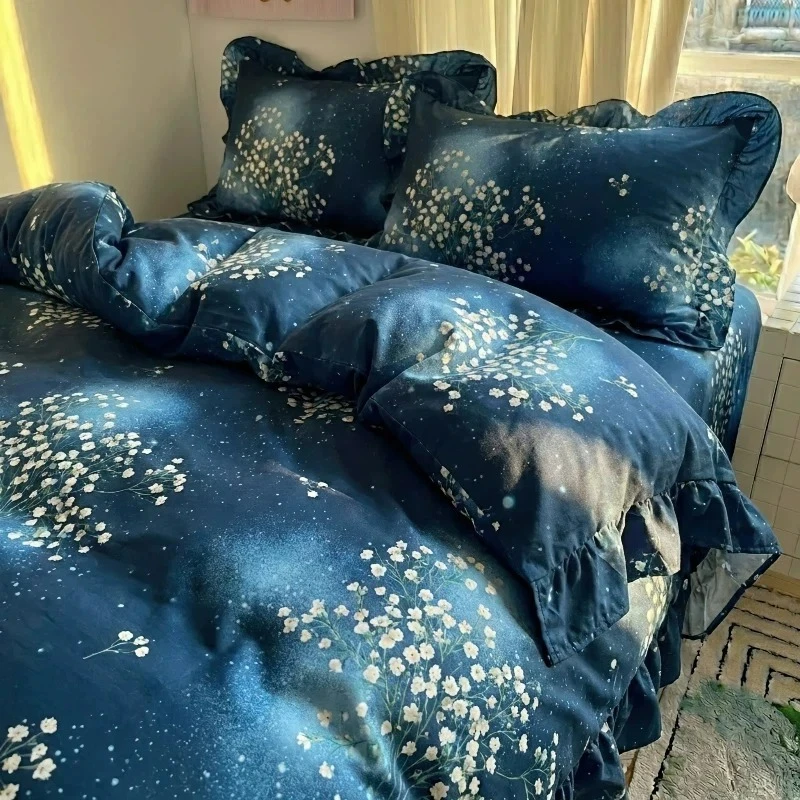 Washed Cotton 4 Pcs Bedding Set Starry Sky Blue Spring Duvet Cover Bed Sheet Ruffled Lace Small Daisy Floral Dreamy Home Bedding