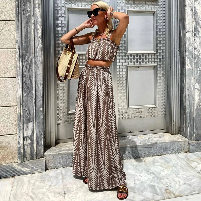 Vintage Geometry Print Summer Streetwear Pant Sets High Waist Wide Leg Pants Party Two Piece Set For Women New In Matching Sets