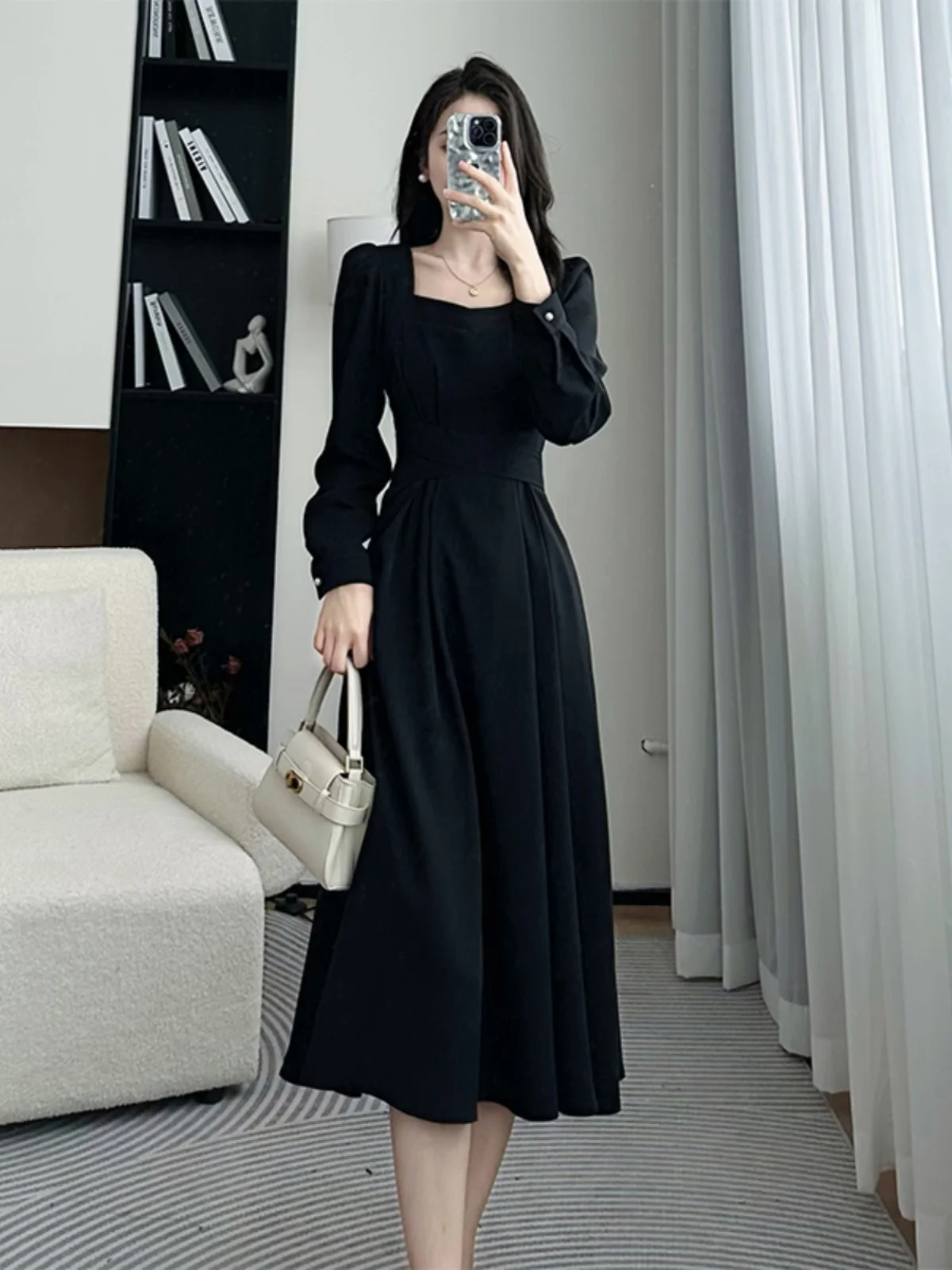 Ele A-Linie mit hoher Taille und quadratischem Kragen, lang, Sve Midi Dr, schlankmachend, formelle Ocn-Polyesterfaser, Frühlingskollektion