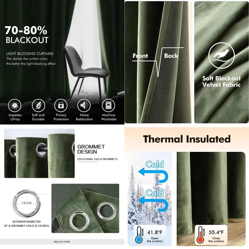 

Elegant Olive Green Grommet Thermal Insulated Soundproof Curtains, 72x84 Inches, Set of 2 for Classic Living and Bedroom Decor