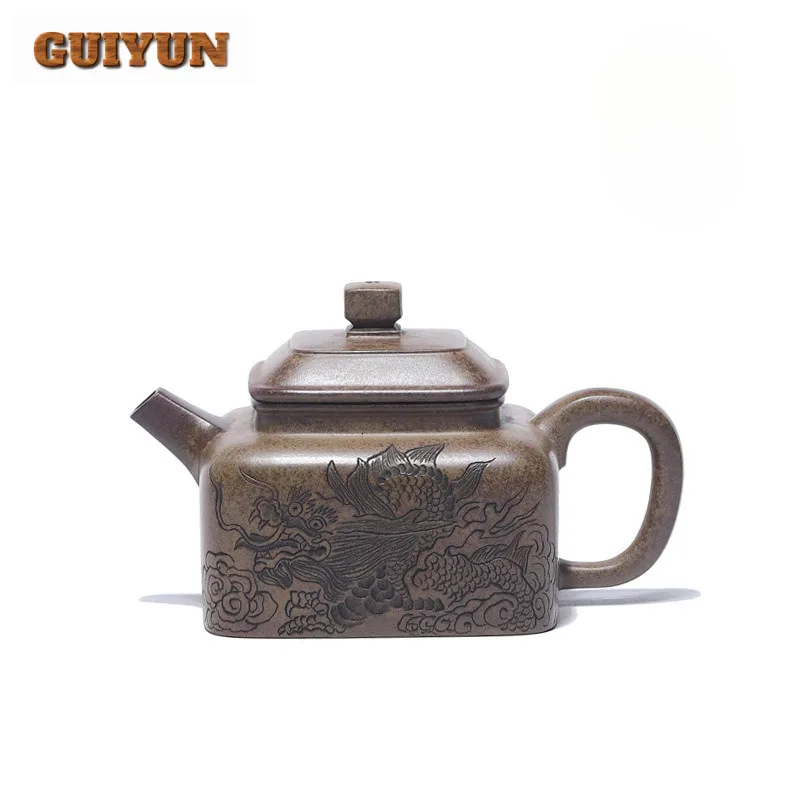 

280ml Yixing Purple Clay Teapot Handmade Wood-fired Porcelain Square Dezhong Pot Raw Ore Agilawood Mud Kettle Strainer Zisha Tea
