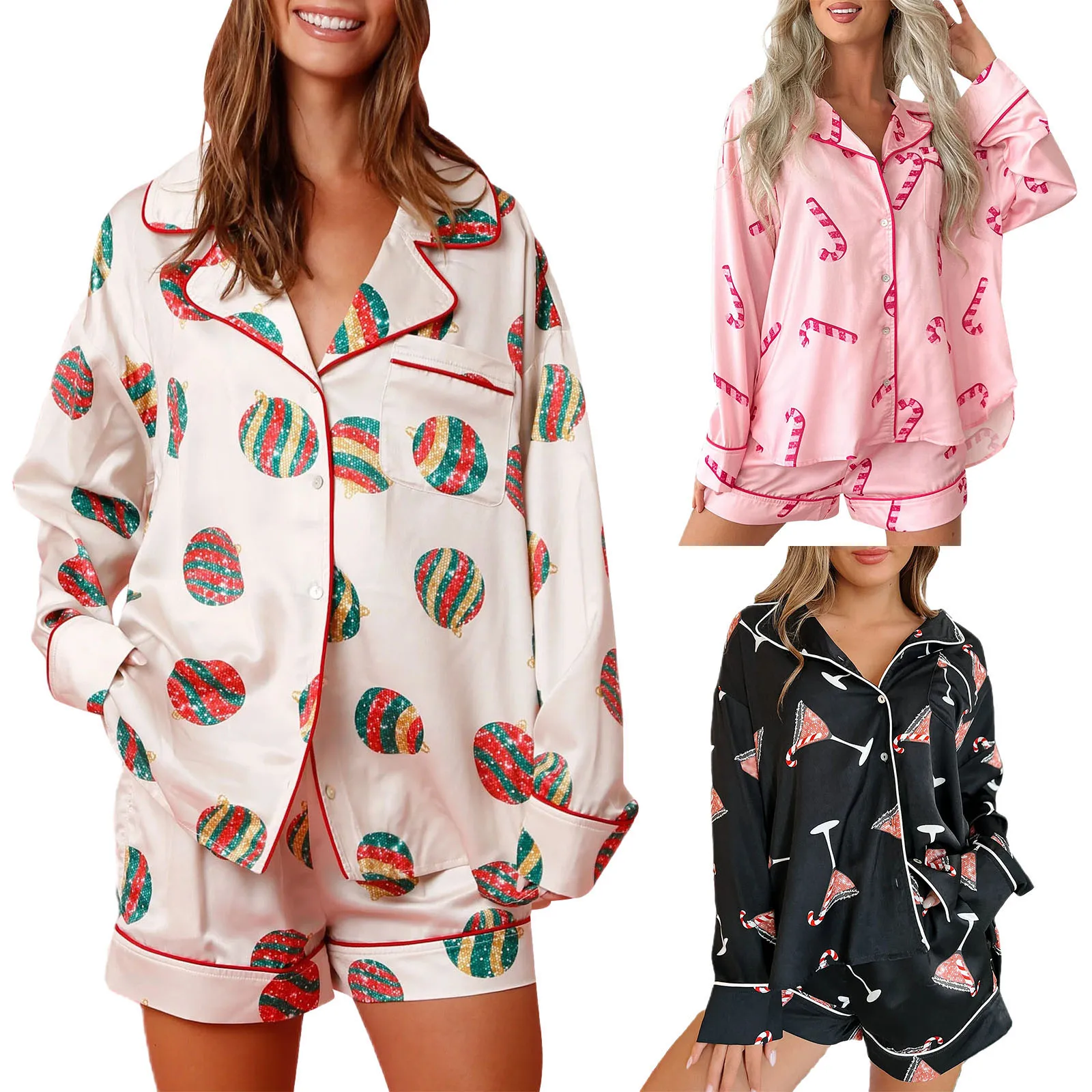 Women 2 Piece Pajama Set Nightgown Print Long Sleeves Shirt and Elastic Shorts for Loungewear Soft Sleepwear Comfortable Pajama