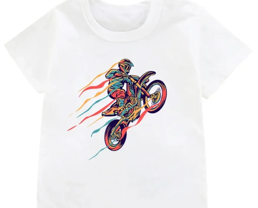 Funny Dirt Bike Motorcycle Print T-shirt Boys Cool White T Shirts Kids Harajuku Summer Short Sleeve Tshirt Tops