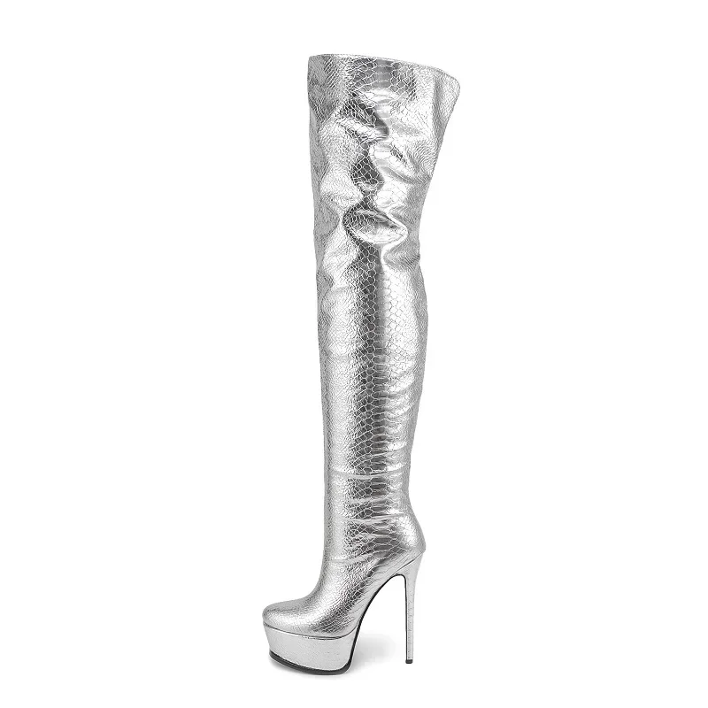 Ultra High Heel Platform Shoes Over The Knee High Boots Women Side Zip American Ladies Shoes Silver Boots Large Size 47