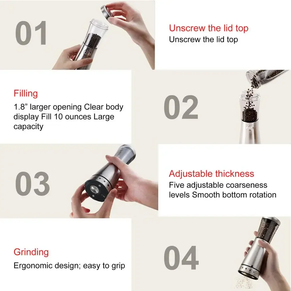 Rechargeable Electric Pepper Grinder Pepper Mill with 5 Adjustable Gears for Kitchen With USB Rechargeable Peppercorns