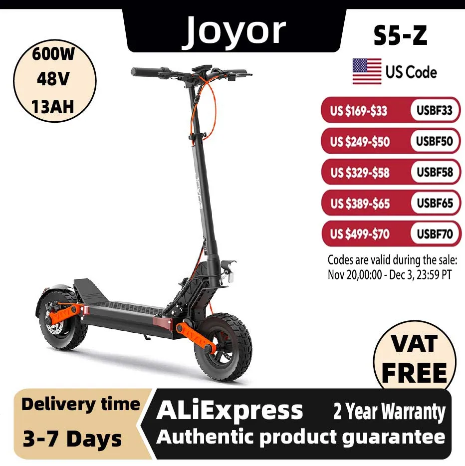 

JOYOR S5-Z Adult Electric Scooter 600W Motor 48V13AH Battery Foldable E-Scooter 10" Off-Road Air Tire City EScooter