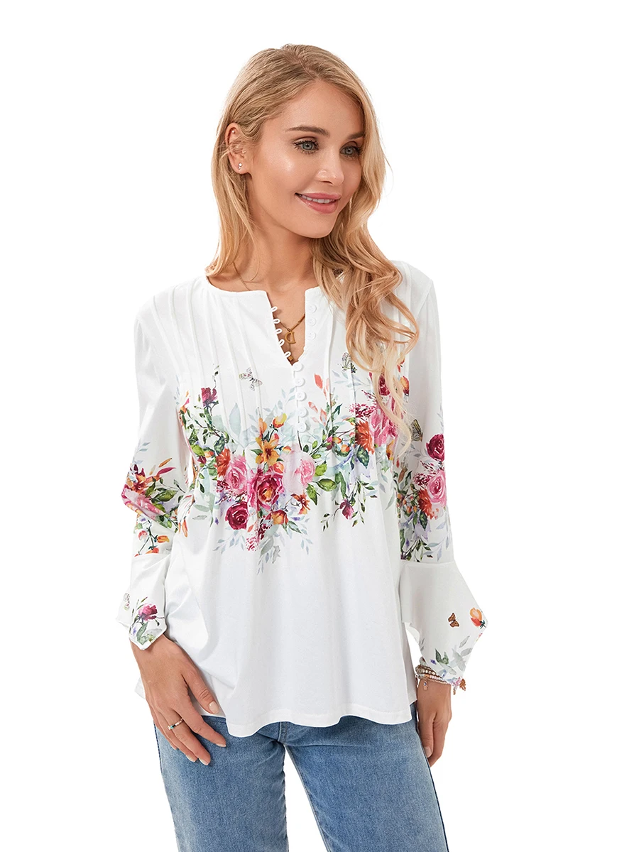 Women s Spring Floral Print Tops 3 4 Sleeve Front Button V-Neck Casual Elegant Loose Blouse