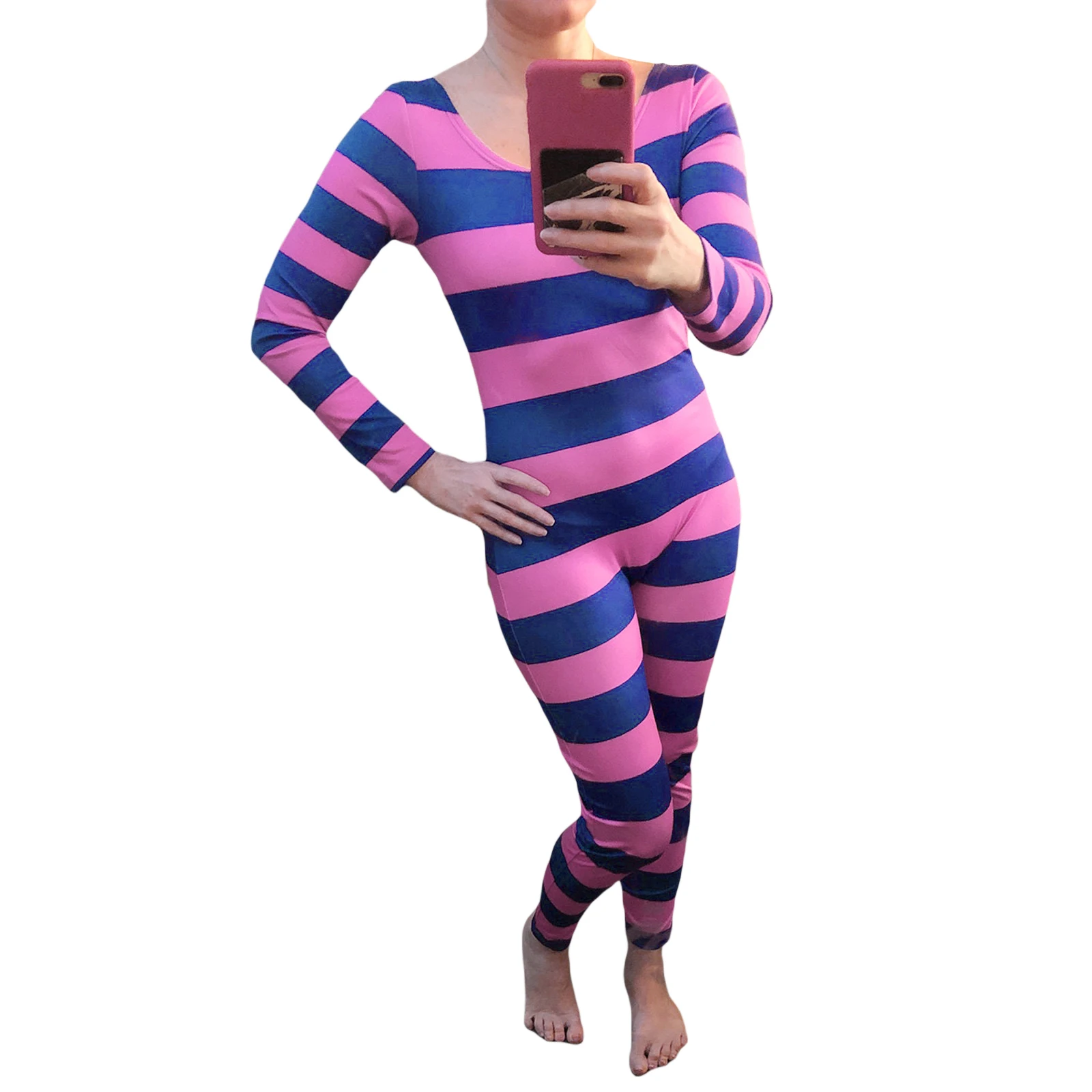 Women s Cheshire Cat Halloween Costume Pink Purple Striped Long Sleeve Jumpsuit Cosplay Outfit Party  costume