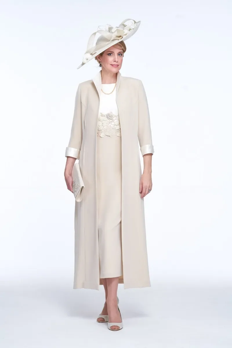 エレガントなツーピース花嫁の母ドレス茶丈レースアップリケサテン結婚式のゲストドレスジャケット付き