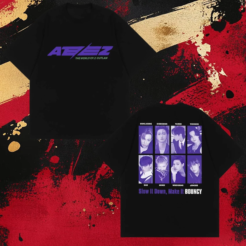 Korean Kpop Ateez 2026 World Tour Double Sided printed T shirt Unisex Fashion Y2k Tops Men Women Cotton short sleeve T-shirts