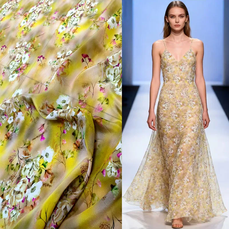 Tulle Textile White Flowers Print 16mm Real Mulberry Silk Fabric Crepe de Chine Dress Material Yellow Fabrics Cloth Wholesale