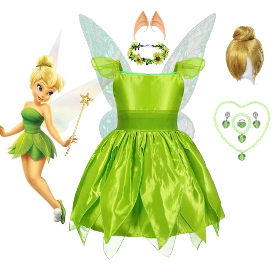 Disney Tinker Bell Fairy Tiana Costume For Girl 2024 Photo Shoot Children Clothing Princess Elf Birthday Ball Gown Dress Wing