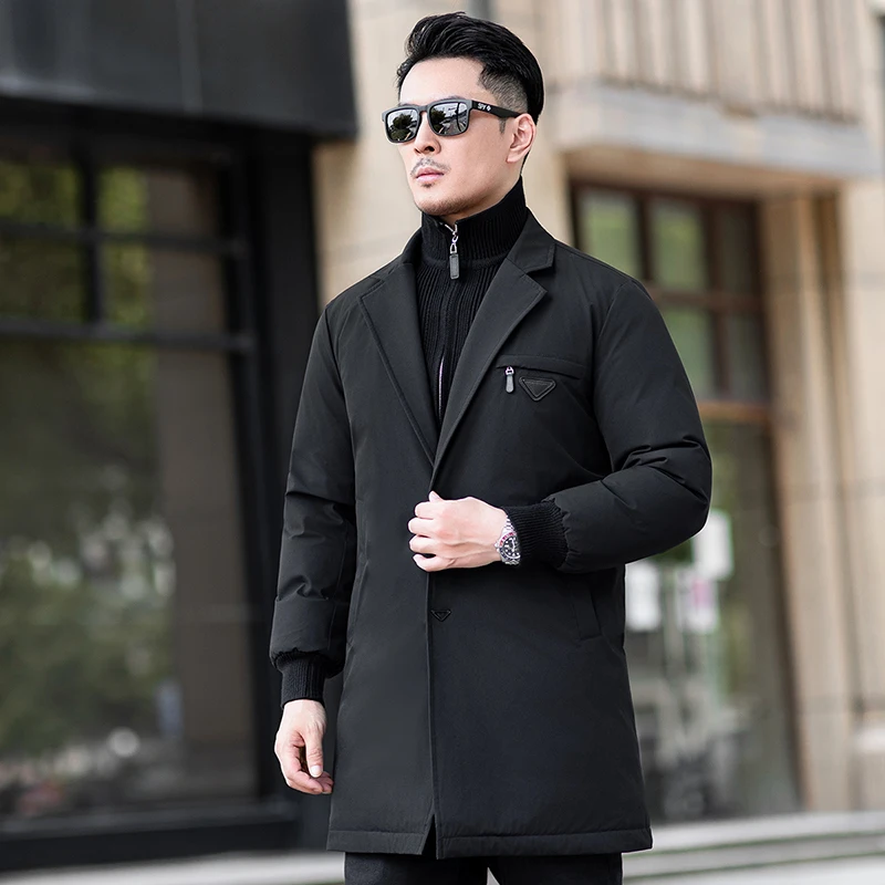 2025 Winter New Men's Medium to Long Down Jacket Detachable Fake Two Piece Knitted Suit Collar Quality Light Luxury Down Jacket