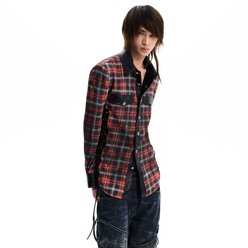 LUZHEN 2026 New Stylish Weave Drawstring Tassel Design Vintage Long Sleeve Shirts Men's Handsome Checked Printed Clothes JY9217