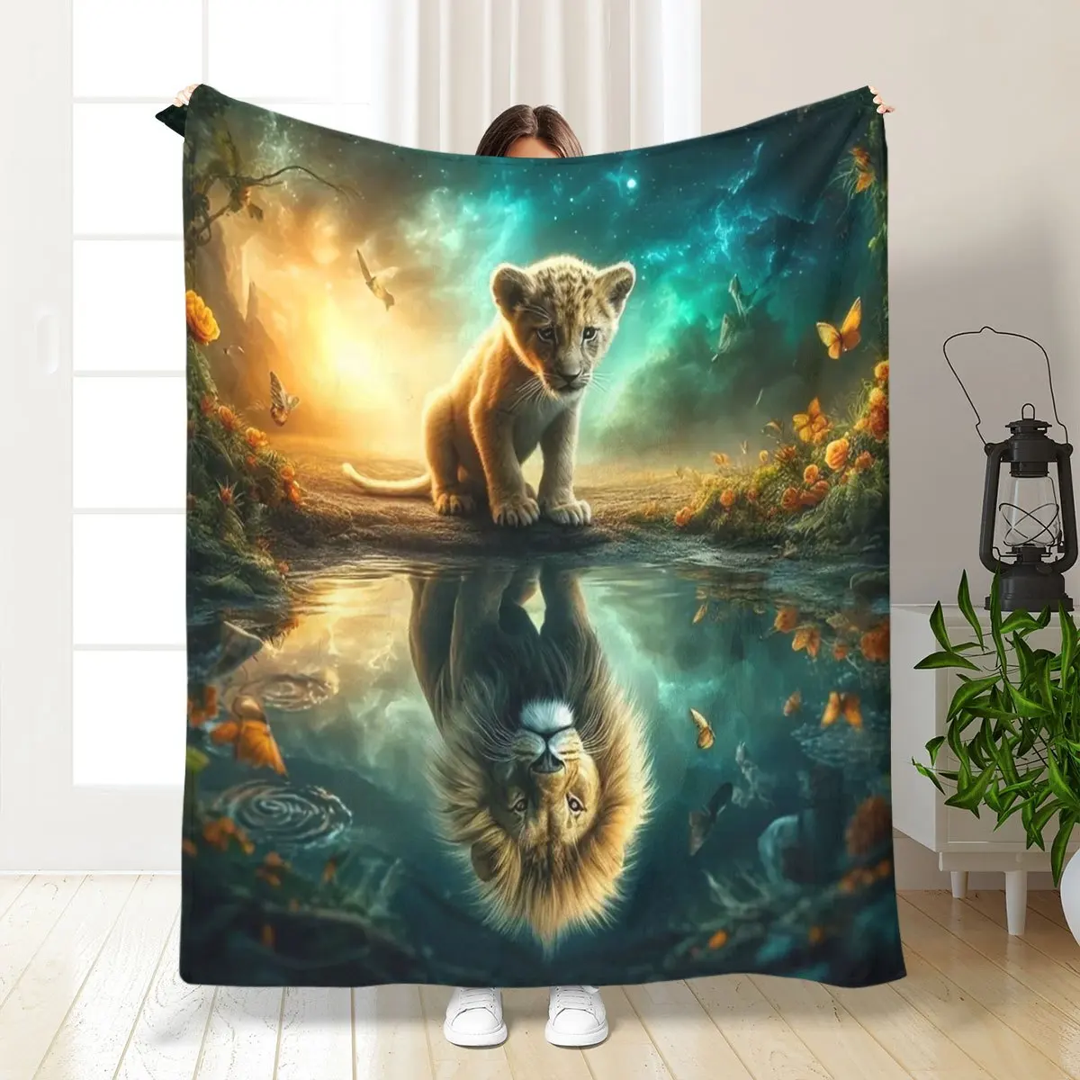 Lion Cub Fantasy Blanket Magical Forest Reflection Print Soft Flannel Fleece Throw Quilt Bedding Sofa Cover Warm Plush Blanket