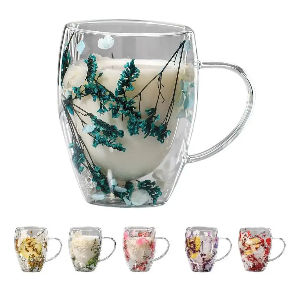 Double-layer Dried Flower Mug Diverse with Handle Clear Glass Cups Real Dried Flower Filler Heat Resistant