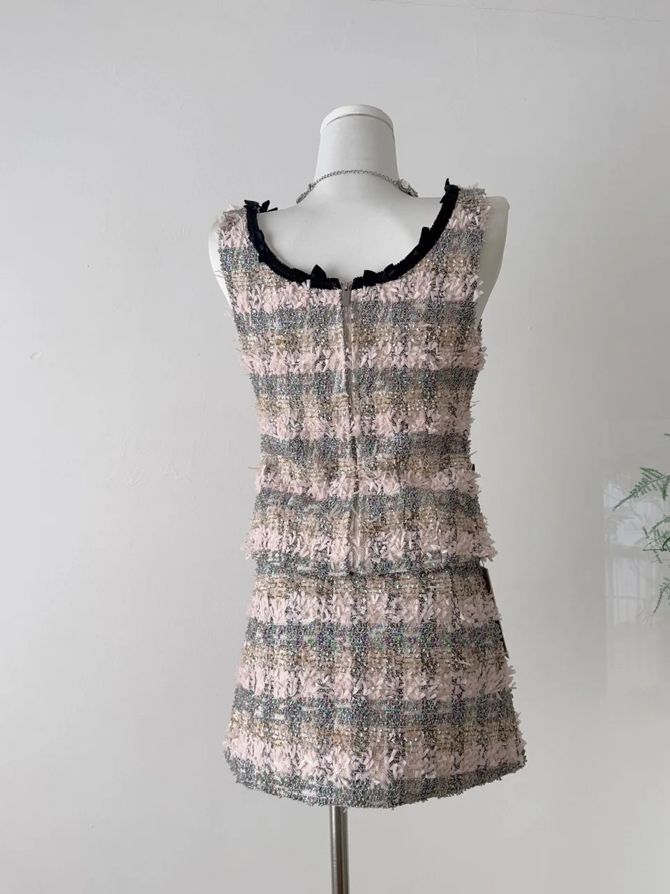 Atasan Tweed Ele Heavyweight Svel, Rok Bodycon Pinggang Tinggi, Pakaian Musim Gugur, Kerah Bulat, Penuh Pesona Vintage