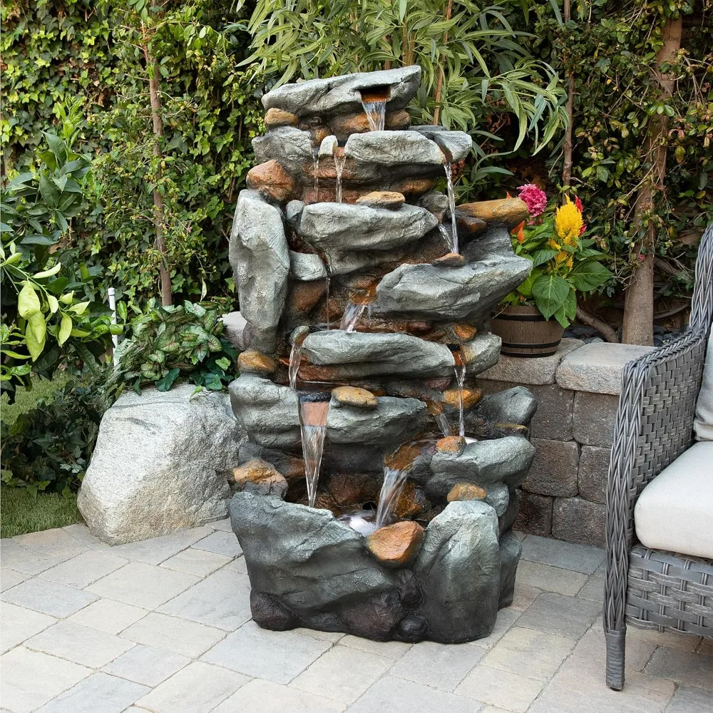 Outdoor Floor 8-Tiered Rock Waterfall Fountain with Lights and Natural Stone Look, 50