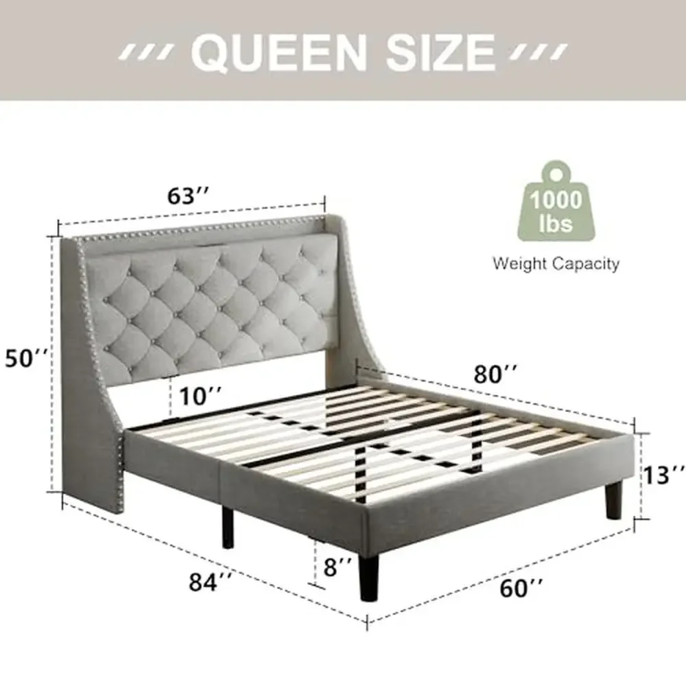 Luxury Wingback Tufted Storage Headboard Queen Platform Bed Charging Station No Squeak Assembly Queen Size Wood Frame 1000 lbs