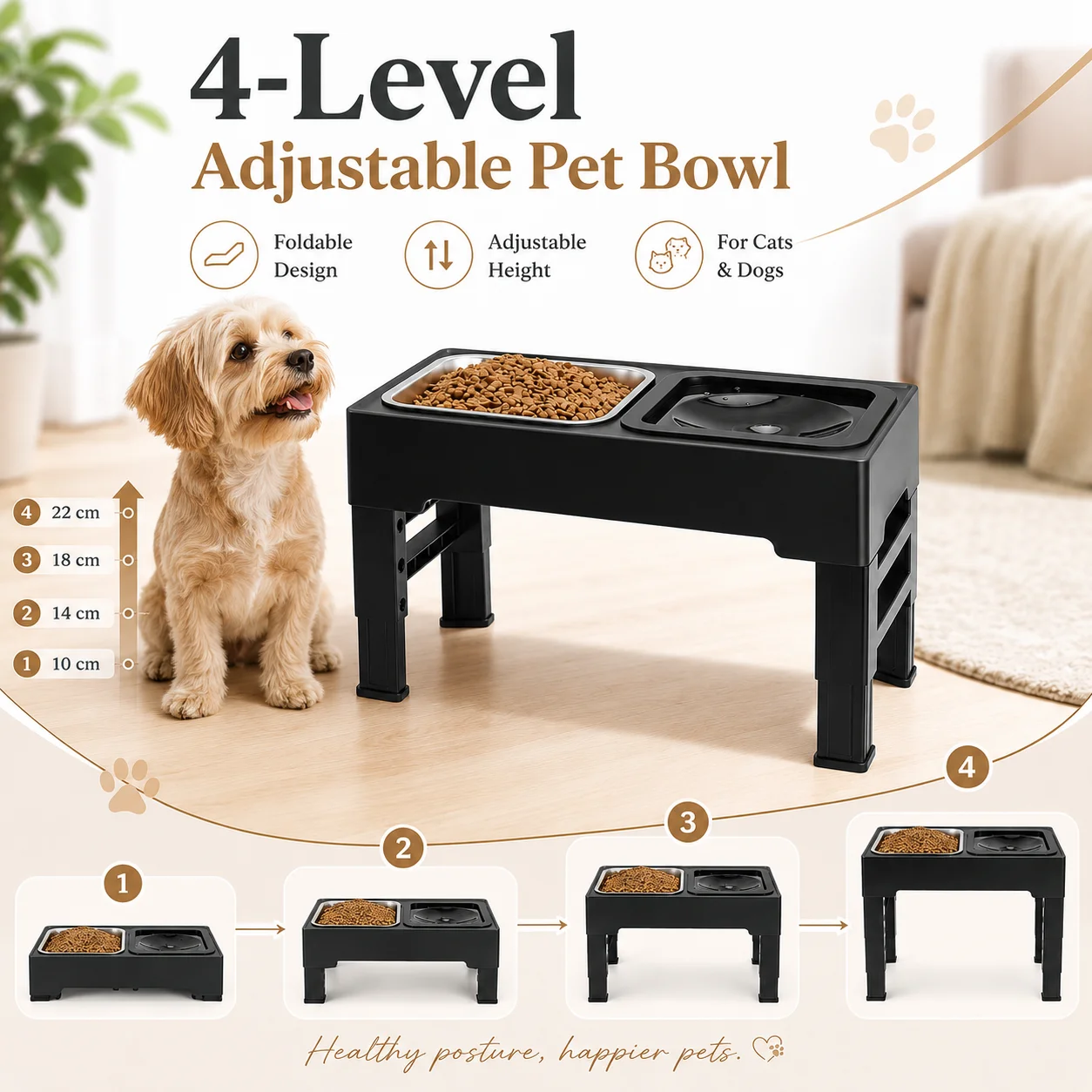 Support de gamelle surélevé pliable et réglable pour chats et chiens, mangeoire surélevée à 4 niveaux avec bols pour nourriture et eau pour animaux domestiques