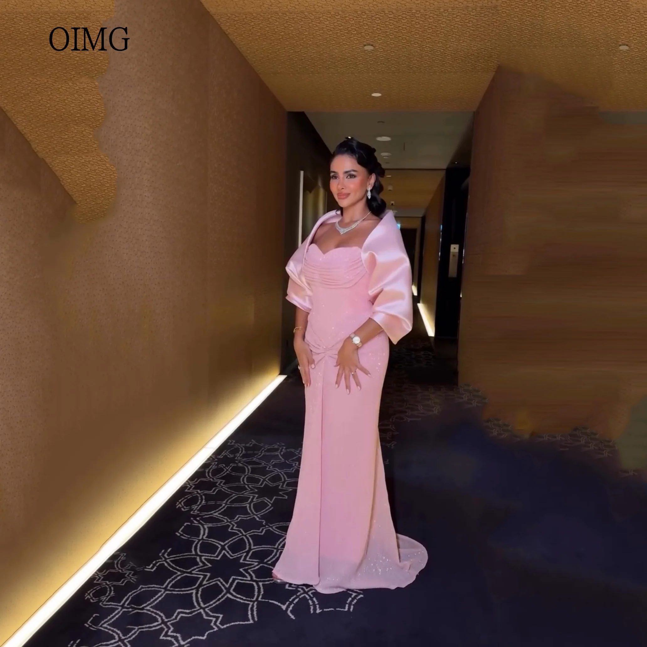 Oimg brilhante rosa sereia vestidos de baile boné querida pescoço vestido de festa até o chão vestido de noite personalizado