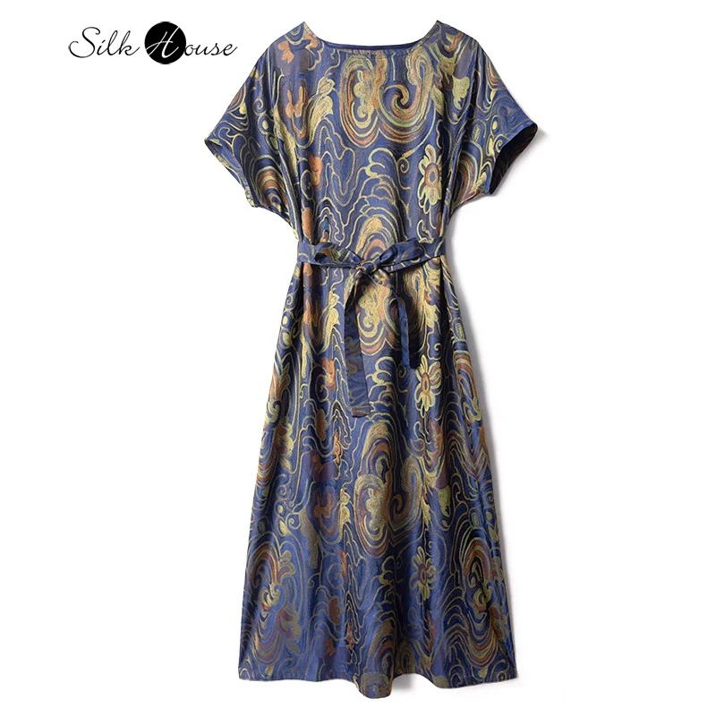 

2024 Women's Summer New Song Brocade Tibetan Blue Flowing Gold Starry Sky 100%Natural Mulberry Silk Elegance Holiday Style Dress