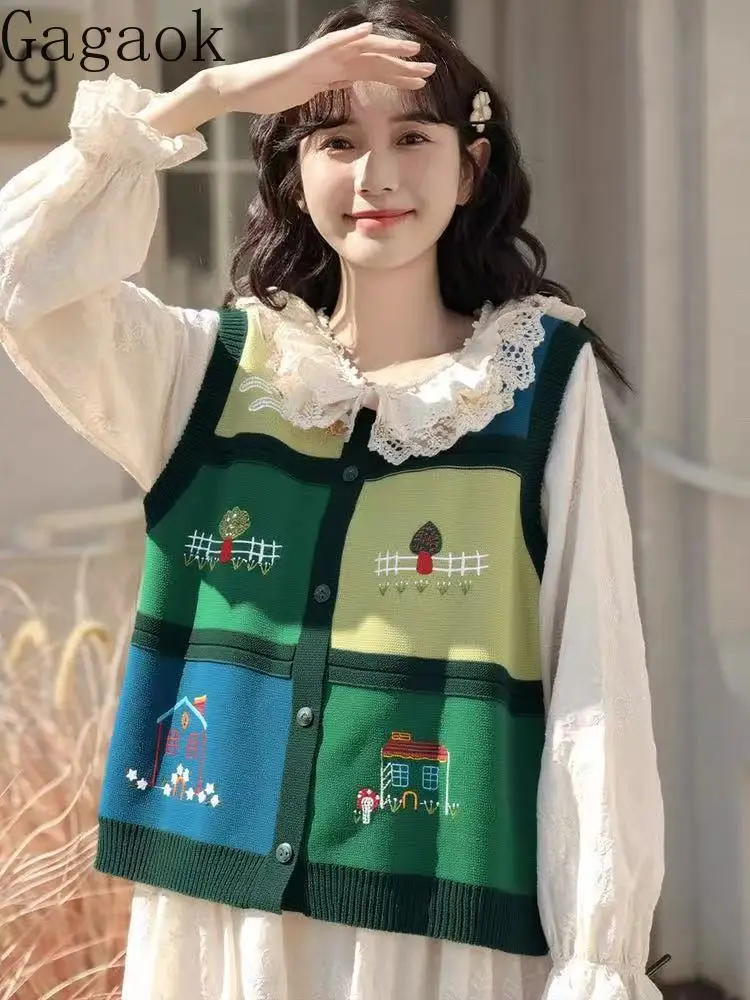 

Элегантный свитер в стиле ретро, жилет в тон, клетчатый вязаный жилет с цветочной вышивкой, женский осенний милый топ без рукавов