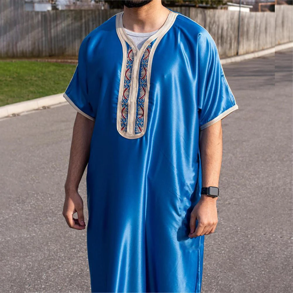 2024 New Men\'s Arabic Muslim Fashion Islamic Clothing Mens Embroidery Jubba Thobes Homme Moroccan Robe Eid Prayer Robe Dress