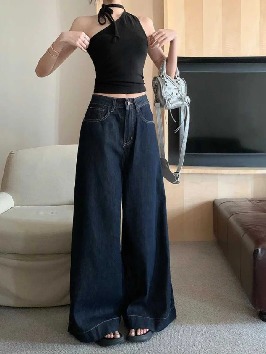 

Deep Blue Retro Wide Leg Denim Jeans Women's Spring Autumn High Waist Loose Slim Straight Floor-Length Pants