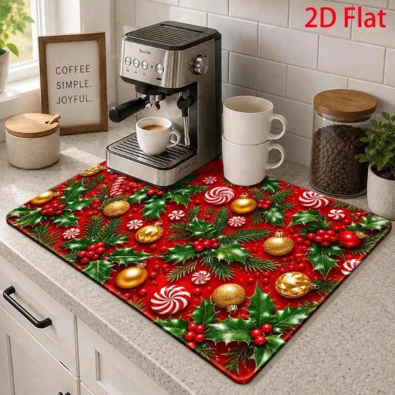 Kitchen Counter Mat Winter Snowflake Red Gingham Cloth Tableware Drainer Holiday Cookie Cushion