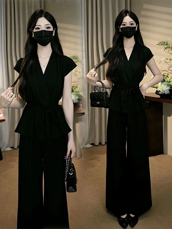 Summer British Style Short Sleeve Waist-Cinching Top And Wide Leg Pants Two-Piece Set Casual Black Ensemble for Women