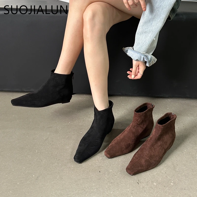 SUOJIALUN 2024 Winter New Women Ankle Boots Fashion Low Wedge Heel Ladies Elegant Martin-boots Soft Sole Casual Dress Short Boot