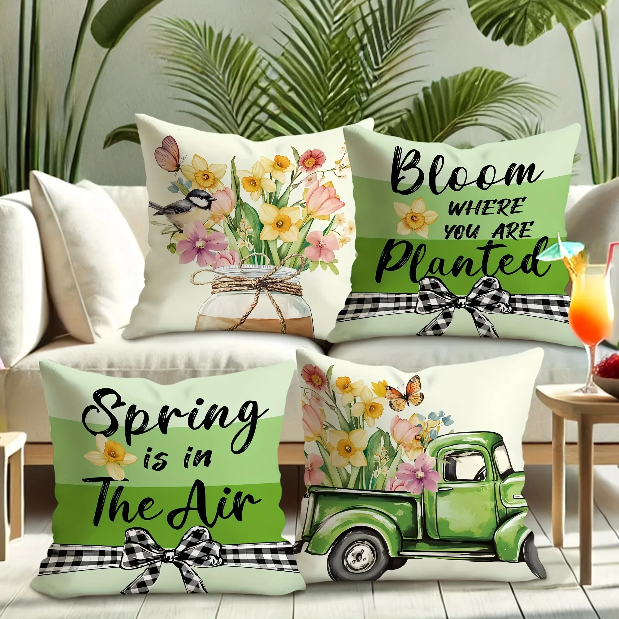 Charming Spring-inspired Pillow Cover: Floral Arrangements, Vintage Truck, and Uplifting Quotes, sofa Chair cushion cover