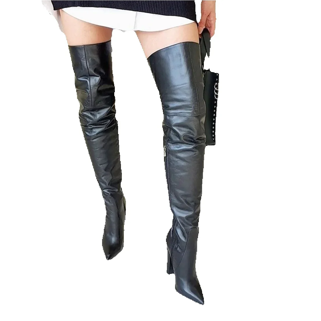 Choudory Women Sexy Black Chunky Heel Thigh High Boots Thick High Heels Pointed Toe Over The Knee Boots Size46 Long Dress Shoes