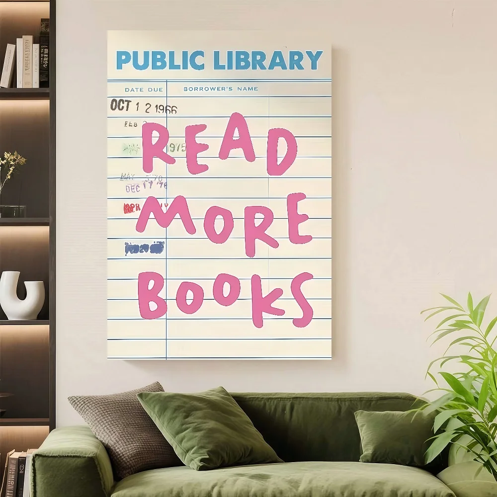 Cuadro enmarcado de 1 pieza con la frase "Lea más libros en la biblioteca", arte de pared enmarcado - Decoración motivadora para la lectura con detalles en rosa y azul, lienzo envuelto