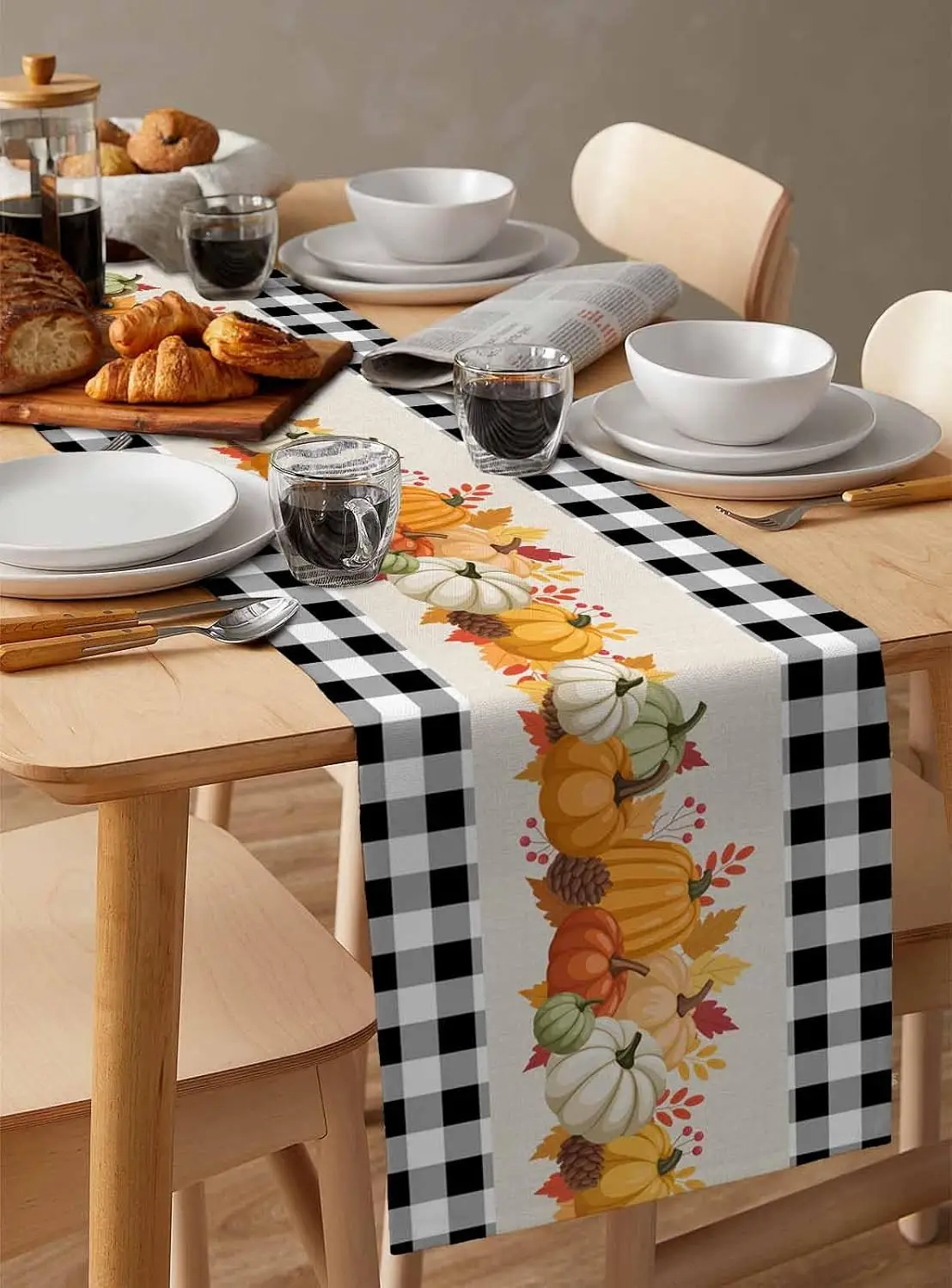 Fall Thanksgiving Pumpkins Maple Leaves Plaid Linen Table Runner Home Decor Farmhouse Kitchen Dining Table Runners Autumn Decor