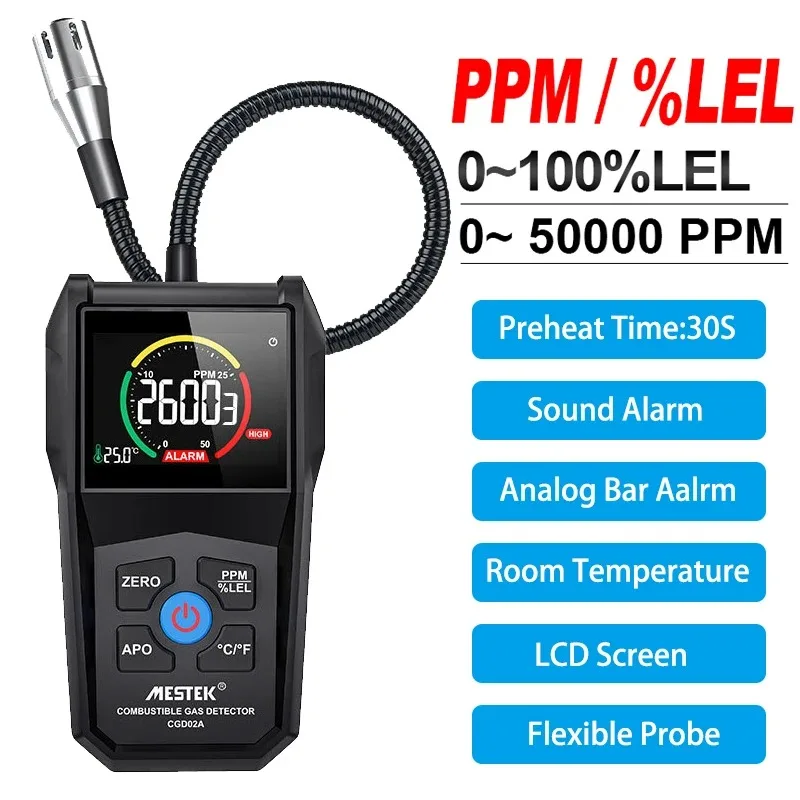 CGD02A Combustible Gas Detector Analyzer 50000 PPM 100% LEL Gas Leak Detector LCD Screen Sound and Light Alarm Gas Analyzer