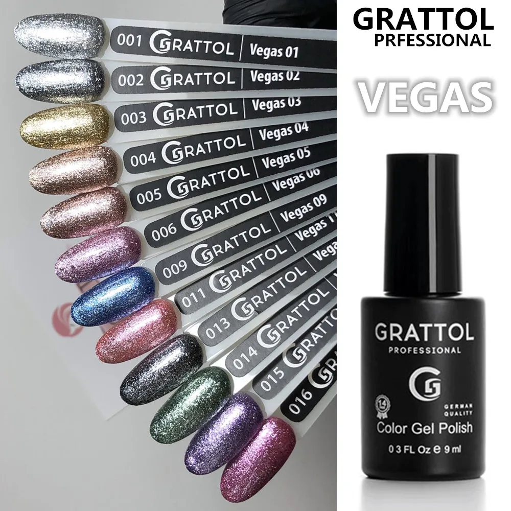 GRATTOL-esmalte de uñas de Gel UV profesional con purpurina, serie VEGAS, Led, Base brillante, capa superior para pintar, extensión de uñas, 9 Ml