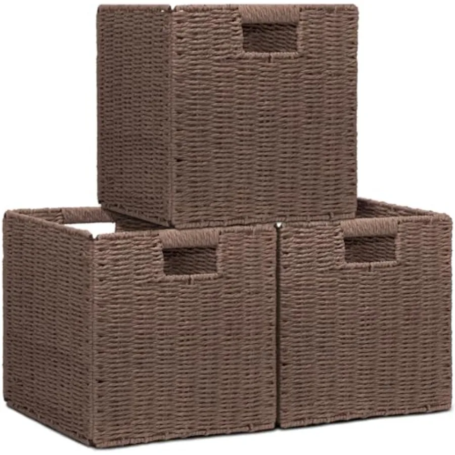 

Wicker Storage Baskets for Organizing, 3 Pack Rustic Foldable Square Basket for Shelves, Handwoven Cubby Organizer Bins for Hom