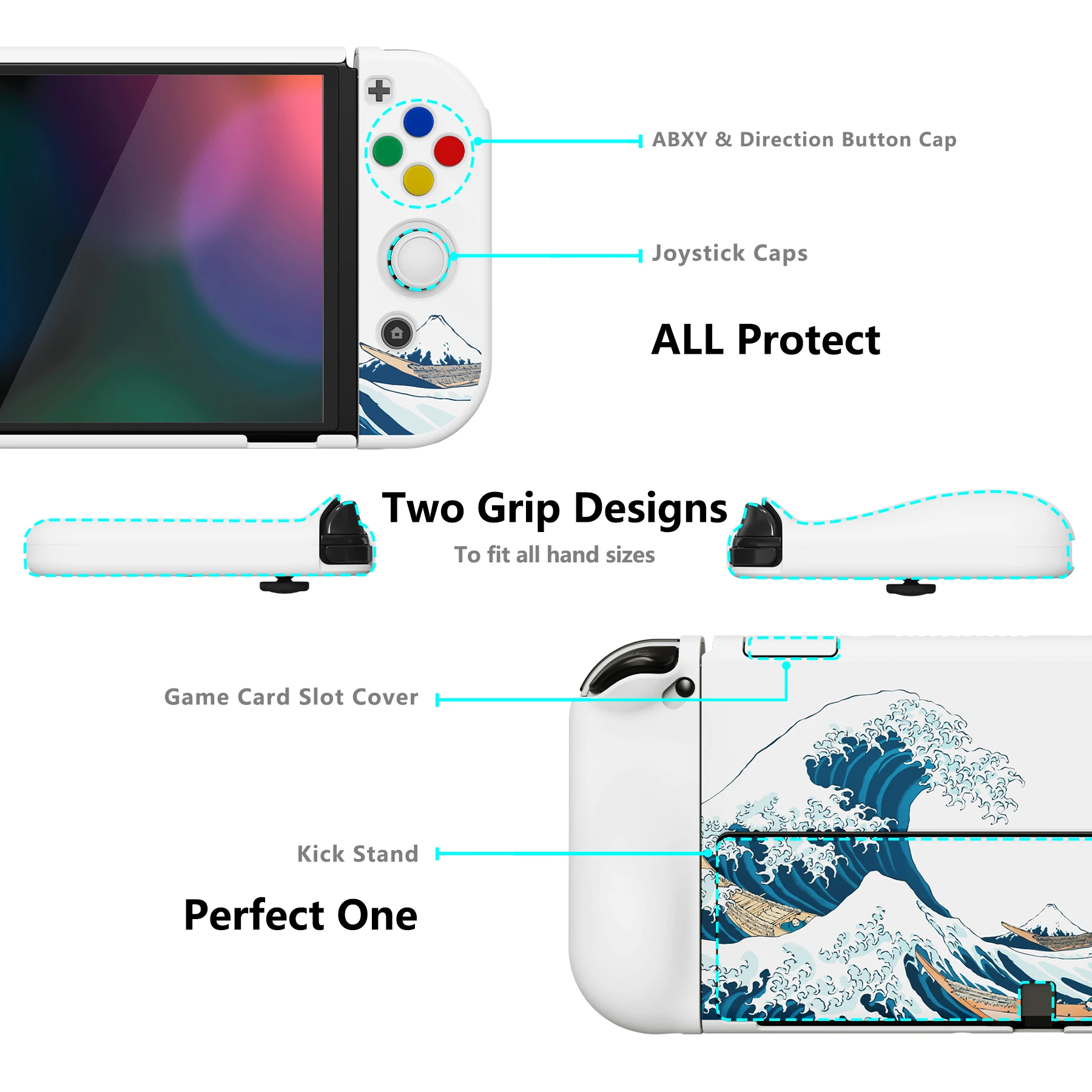 PlayVital AlterGrips Split Design Ergonomic Protective Case for Switch OLED Shell W/Thumb Grips - The Great Wave off Kanagawa