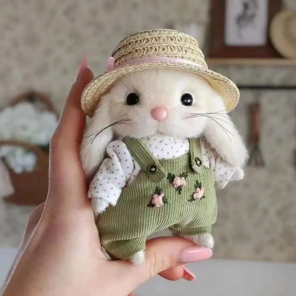 Stuffed Garden Bunny Toys Clothes and Hats Handmade Gardener Little Rabbit Doll Soft Cartoon Rabbit Doll Backpack Decor