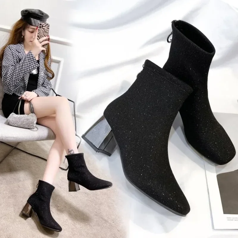 Metal Blade Heels Socks Boots Women Stretch Fabric Elastic Stilettos Heel Pointed Toe Ankle Boots Shoes Woman Chunky Heels Boats