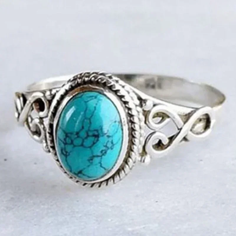 Fashion Retro Elegant Ring Natural Turquoise Ring Wedding Engagement Birthday Party Anniversary Commemorative Gift Retro Elegant