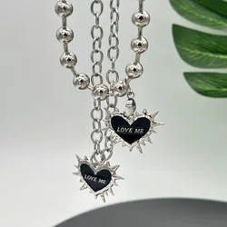 Gothic Black Spiky Heart Pendant Chunky Chain Necklace for Women Y2K Grunge Aesthetic LOVE ME Charm Necklace Punk Jewelry