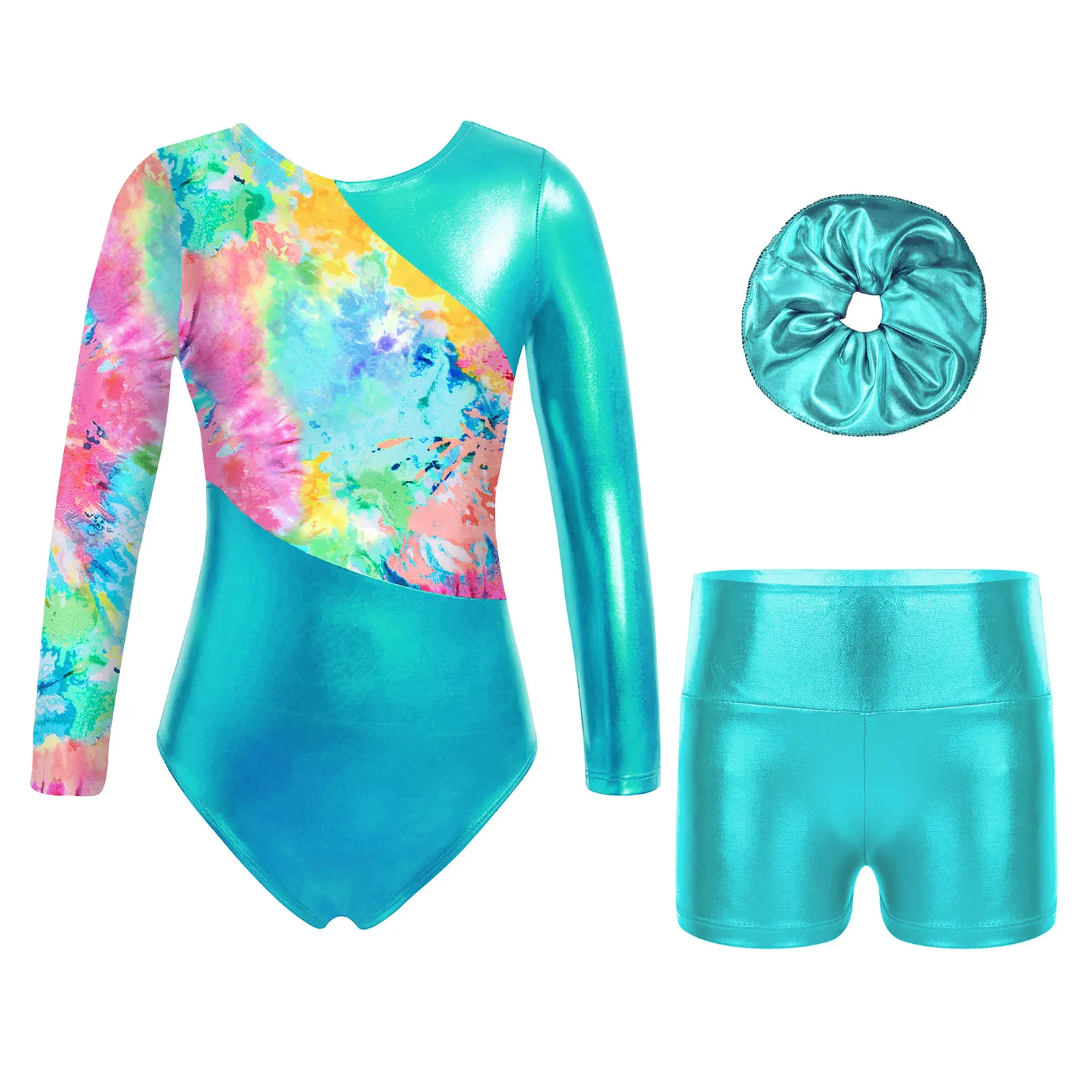 Kids Girls Rhythmic Gymnastics Jumpsuit Skating Leotard Long Sleeve Printed Ballet Leotard Metallic Shorts Performance Outfit