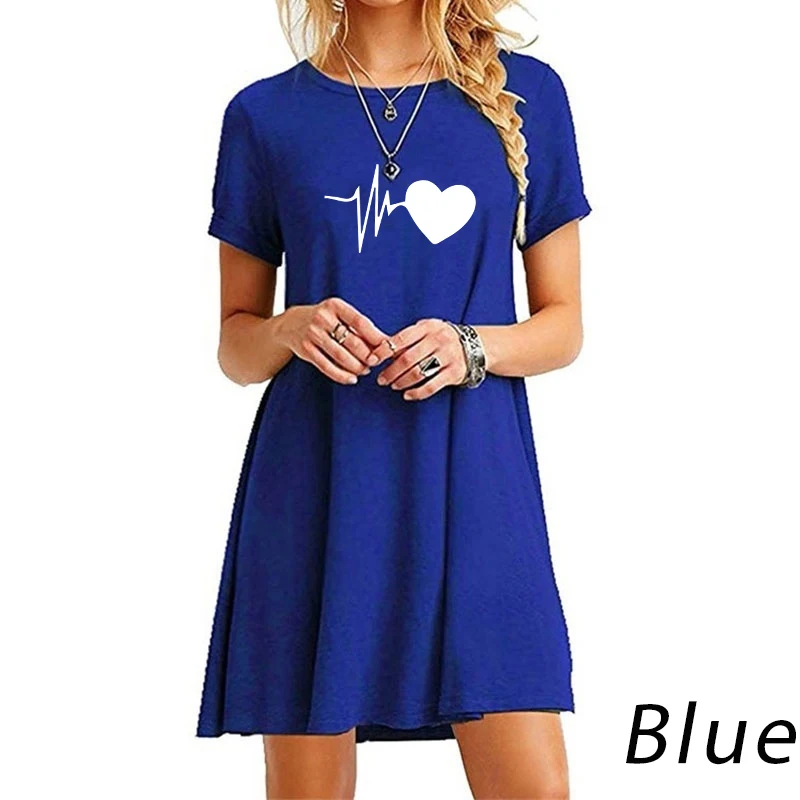 Womens Moda Verão Vestuário Casual Short Sleeved Impresso T-shirt Vestido Tripulação Pescoço Solto Mini Vestidos Saia Plus Size Vestido