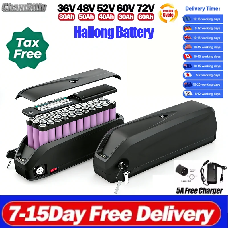 

EBike36V48V52V 30 50ah Battery Hailong Electric Bicycle Down tube 72v3000w Lithium Battery Pack For 2000W 1500W 750W 500W Motor