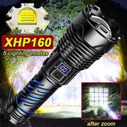 XHP160 Strong Light LED Flashlight USB Rechargeable Tactical Torch Powerful Long Lasting Handheld Flashlight for Camping Hiking